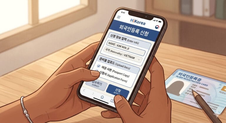 스마트폰으로 외국인등록 절차 확인하는 모습