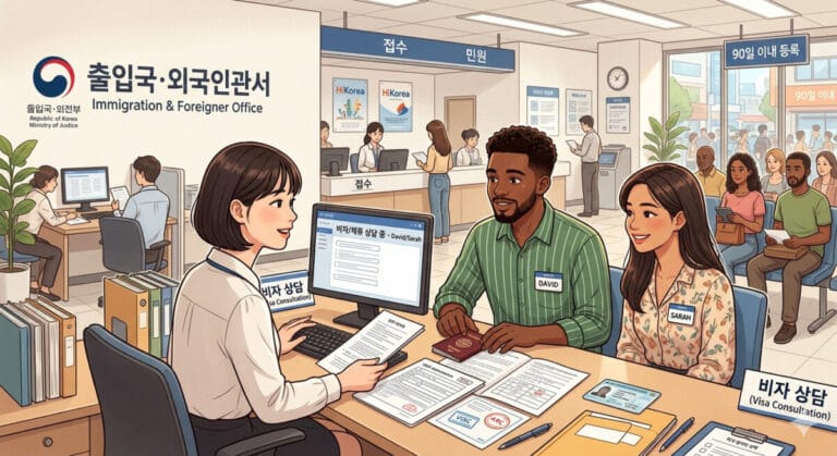 체류자격 변경 신청하는 외국인 남녀 일러스트