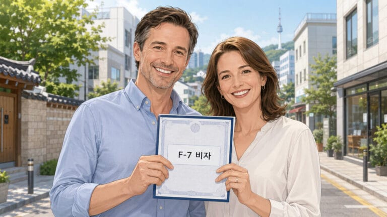 E-7 비자를 들고 환하게 웃고 있는 중년 외국인 부부