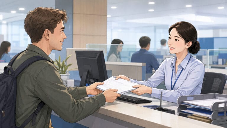 외국인 남성이 체류기간 연장 서류를 여직원에게 제출하고 있다