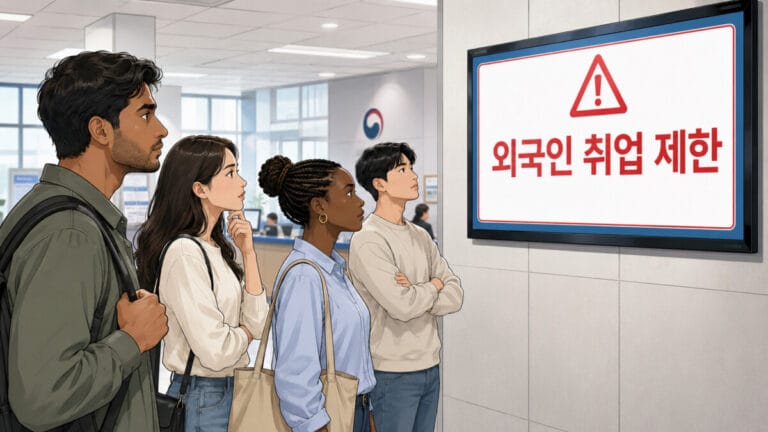 외국인 취업 제한 업종 경고문구를 보고 있는 외국인들