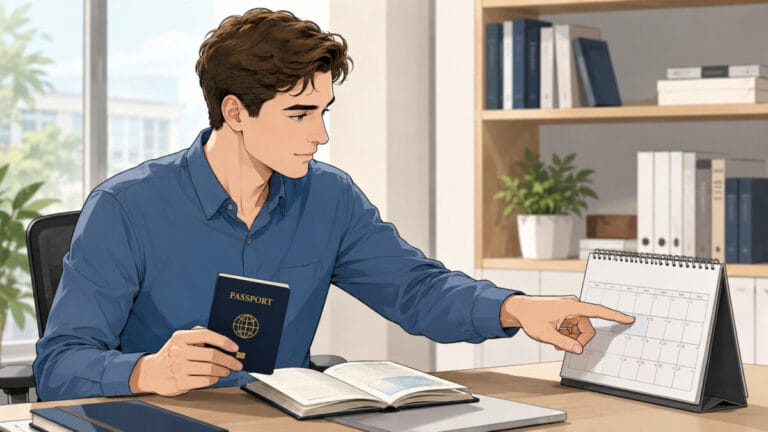 외국인 남성이 책상에 있는 달력과 여권을 보며 체류기간 확인 방법을 알아보고 있다