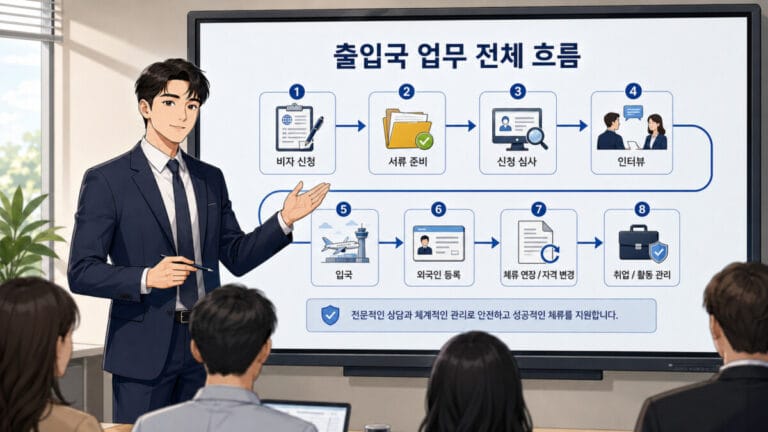 출입국 업무 전체 흐름을 설명하는 강사의 모습