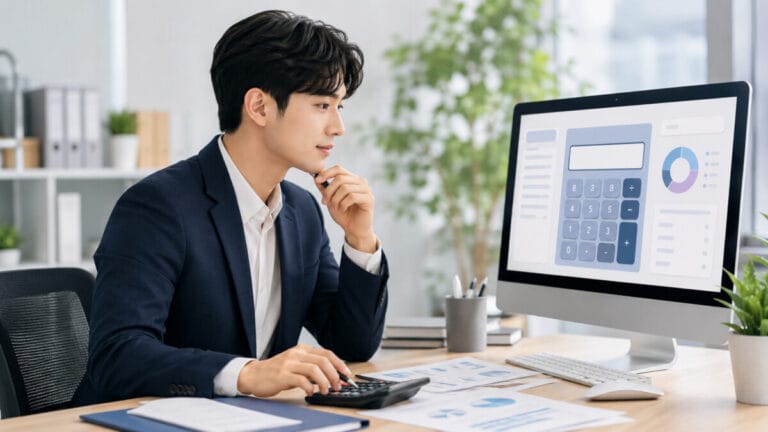 비자 신청 비용을 컴퓨터에서 계산하고 있는 남성의 모습