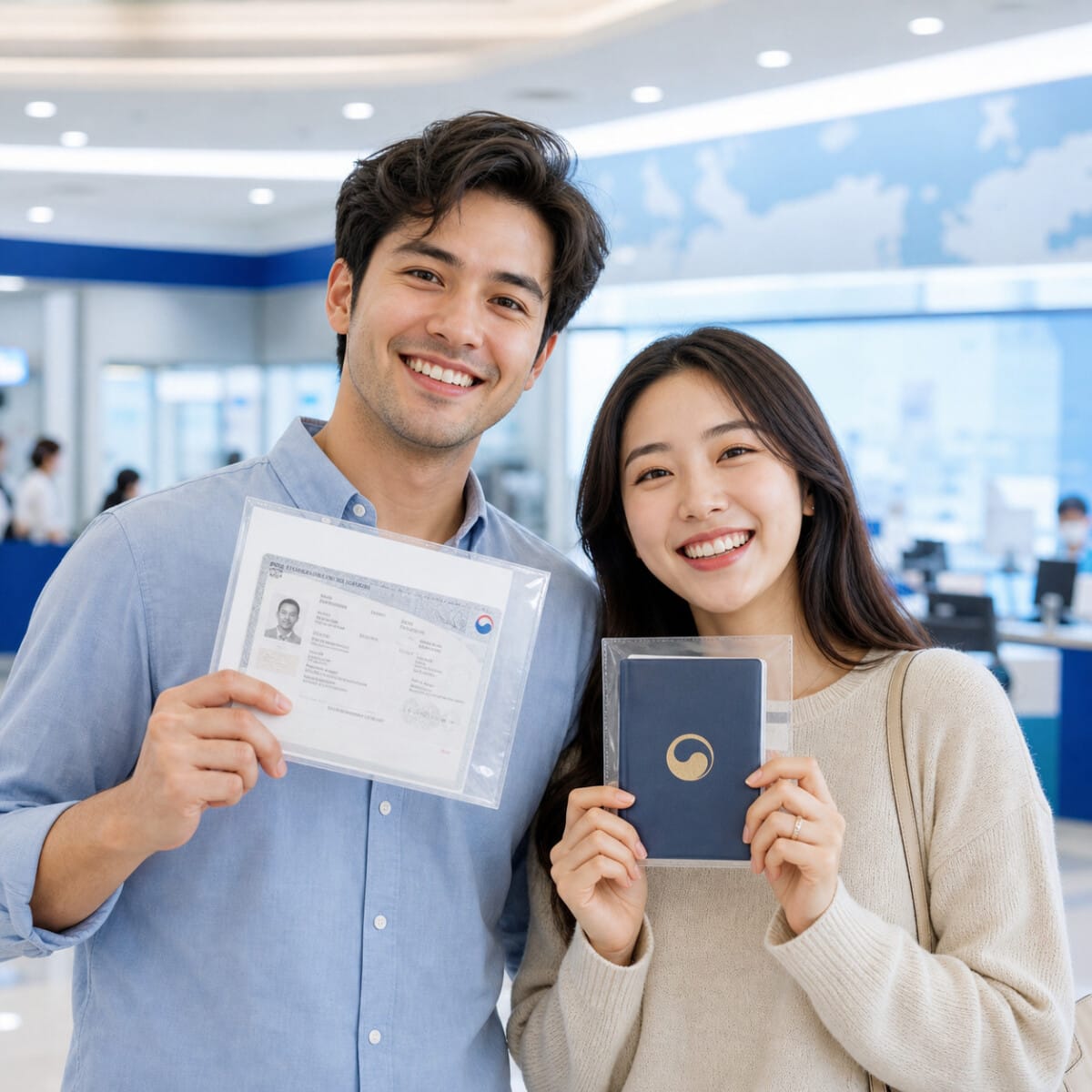 한국 비자 신청과 체류자격 안내를 상징하는 외국인 남녀 이미지