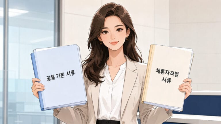 공통 서류와 자격별 서류 등 비자 신청 서류 정리본을 들고 있는 여성 외국인