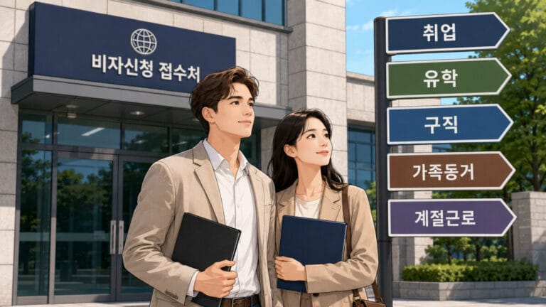 목적에 따라 달라지는 비자 신청 순서를 파악 후 신청하기 위해 접수처 앞에 있는 부부