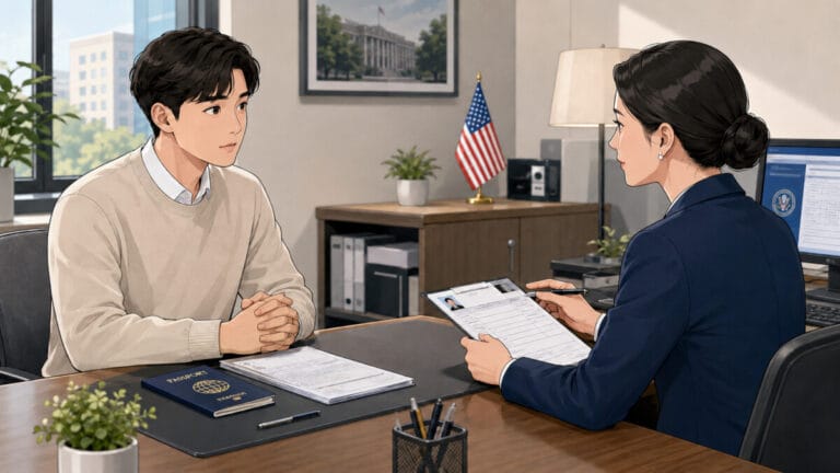 비자 인터뷰 준비 후 실제 인터뷰를 진행하고 있는 모습