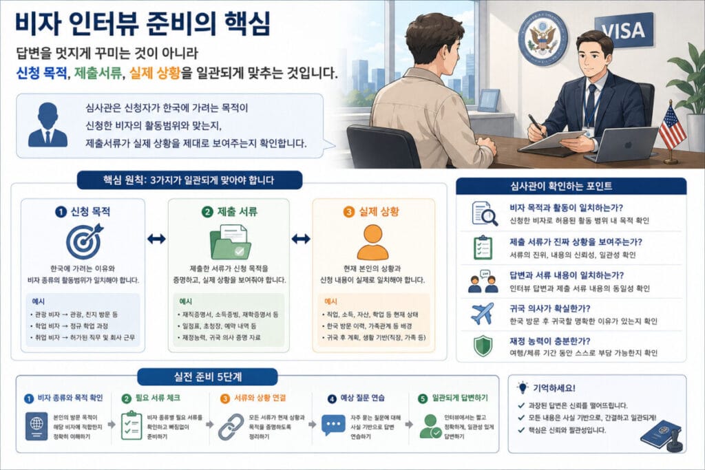 비자 인터뷰 준비 핵심 원칙 3가지와 실전 전부 5단계 인포그래픽