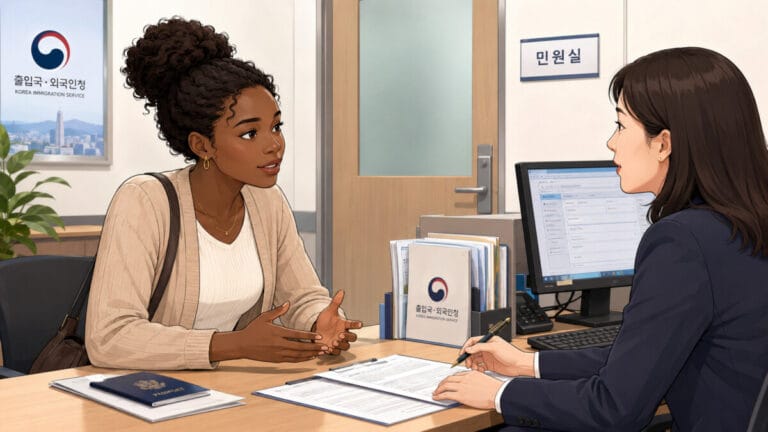 비자 문제 해결을 위해 민원실에서 상담하고 있는 외국인 여성