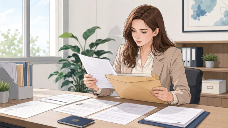 취업비자 서류가 잘 준비되어 있는지 최종적으로 확인하고 있는 여성의 모습